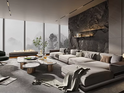 Modern Living Room Interior With Large Windows Stone Wall Gray Sofa Coffee Tables And Plant 3d model