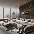 Modern Living Room Interior With Large Windows Stone Wall Gray Sofa Coffee Tables And Plant