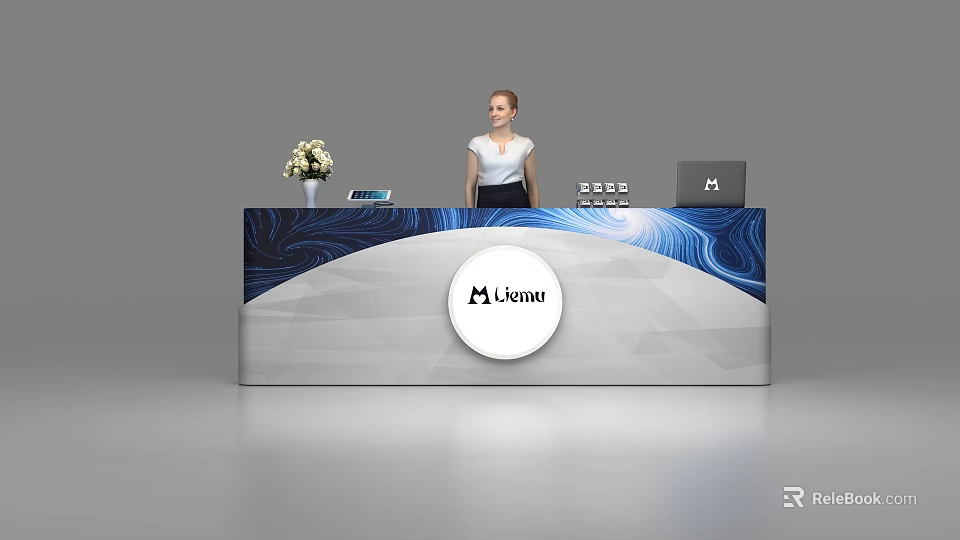 Modern Reception Desk With Vase Flowers Tablet Woman Livant Logo And Blue Wave 3d model 