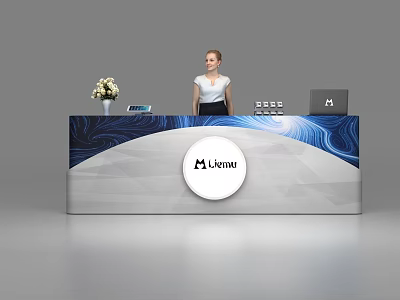 Modern Reception Desk With Vase Flowers Tablet Woman Livant Logo And Blue Wave 3d model
