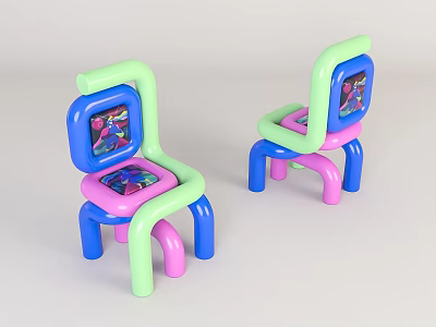 Colorful Kids Leisure Chairs With Green Blue Pink Frames And Cartoon Prints 3d model