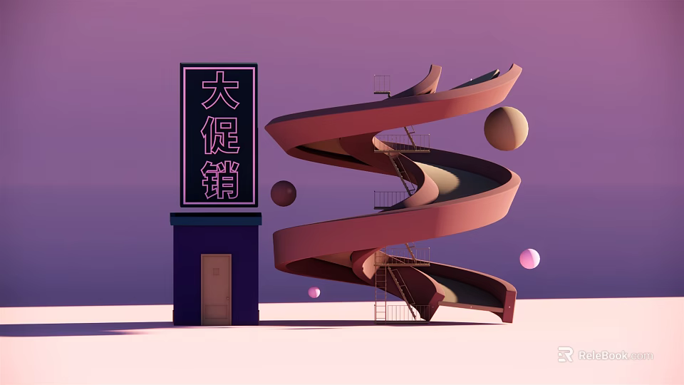 Big Sale Promotion With Spiral Slide Structure And Floating Spheres On Purple Background 3d model 