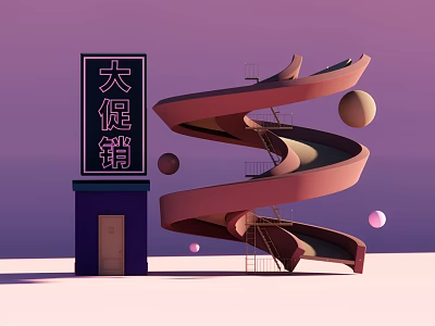 Big Sale Promotion With Spiral Slide Structure And Floating Spheres On Purple Background 3d model