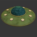 Detailed Green UFO With Shiny Blue Dome And White Circular Spots In Cosmic Background