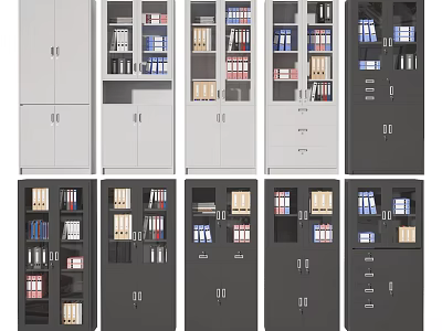 Modern Bookcase Designs In Various Colors With Storage Compartments Books And Folders 3d model