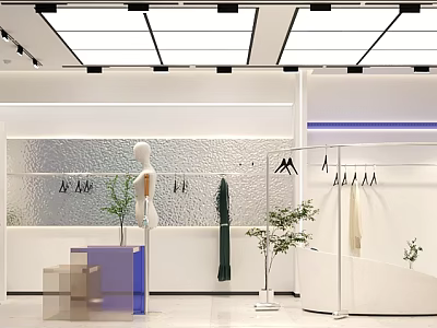 Modern Clothing Store Interior With Mannequin Clothes Hangers And Green Plants 3d model