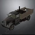 Vintage Military Truck with Wooden Cargo Bed and Equipment on Gray Body