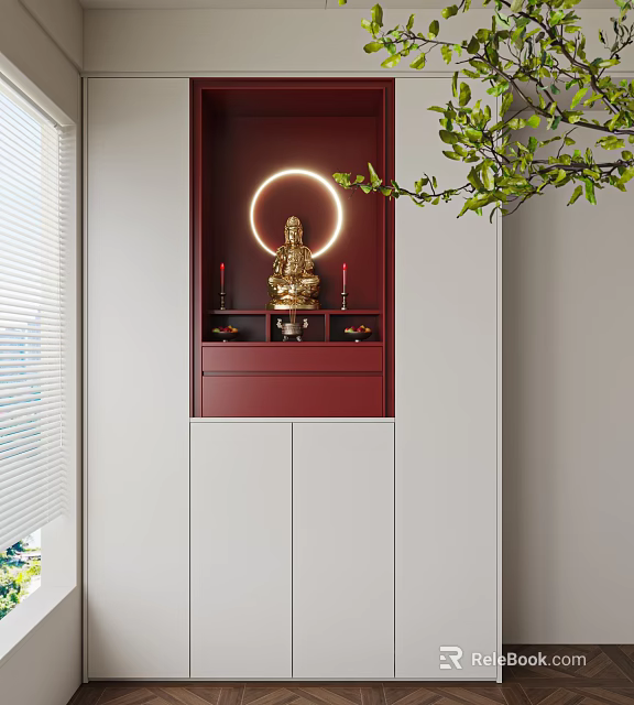 Red and White Buddhist Shrine Cabinet with Golden Buddha Statue Glowing Light and Green Branches 3d model 