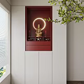 Red and White Buddhist Shrine Cabinet with Golden Buddha Statue Glowing Light and Green Branches
