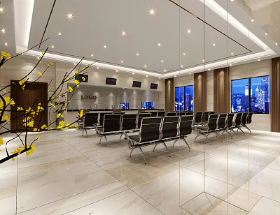 Modern Service Hall With Neatly Arranged Black Chairs Ceiling Lights Large Windows And City View 3d model