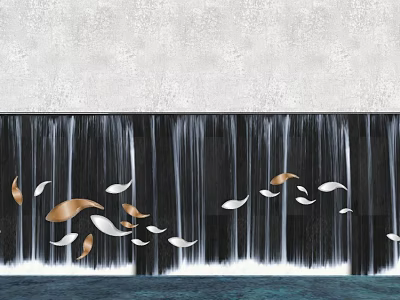 Black Feature Wall With Waterfall Design Gold White Fish Shaped Decorations And Bottom Water Pool 3d model