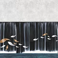 Black Feature Wall With Waterfall Design Gold White Fish Shaped Decorations And Bottom Water Pool