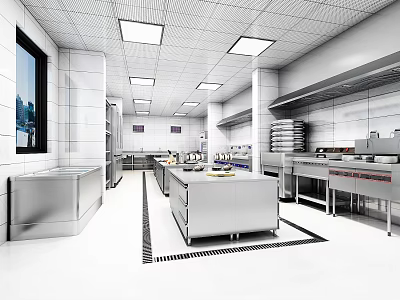 Modern Commercial Restaurant Kitchen Interior With Stainless Steel Worktables And Bright Lighting 3d model