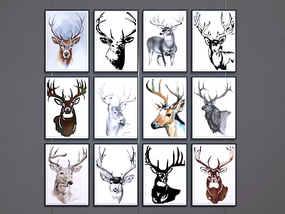 Deer Head Wall Art Collection With Various Styles And Colors Hanging On Gray Wall 3d model