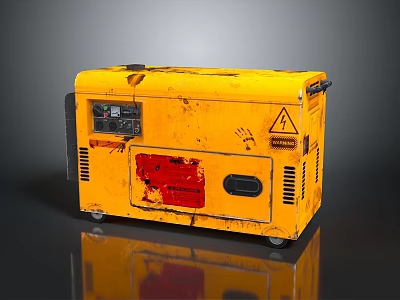 Yellow Industrial Portable Generator With Red Component And Warning Sign Power Equipment 3d model