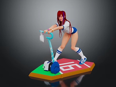 Red Haired Girl In Sportswear Riding Colorful Balance Board With Number Five 3d model