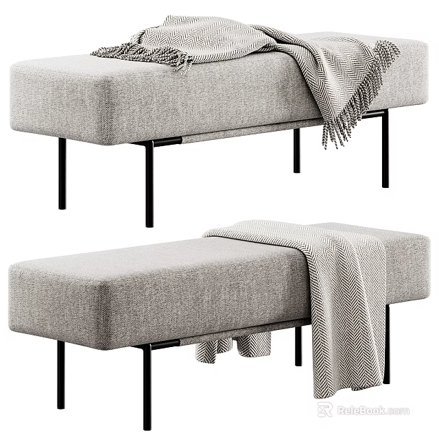Light Gray Fabric Sofa Bench With Black Metal Legs And Throw Blanket 3d model 