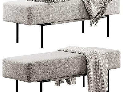 Light Gray Fabric Sofa Bench With Black Metal Legs And Throw Blanket 3d model