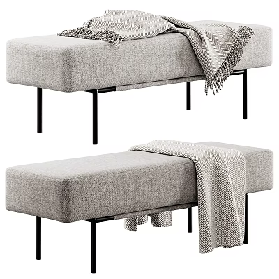 Light Gray Fabric Sofa Bench With Black Metal Legs And Throw Blanket 3d model