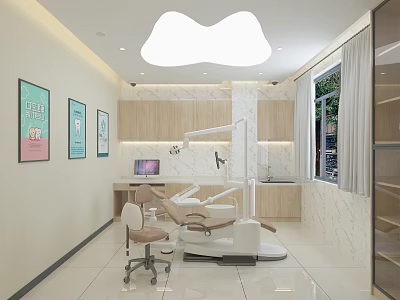 Dental Clinic Interior With Dental Chair Wooden Cabinets And Marble Walls 3d model