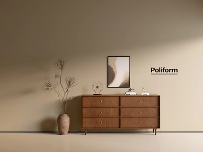 Poliform Wooden Console Table with Framed Artwork and Vase with Plants Modern Entryway Design 3d model