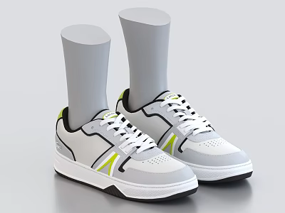 White Gray Casual Low Top Sneakers With Yellow Green Stripes Black Sole White Laces 3d model