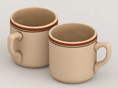 Beige Ceramic Mugs With Brown And Black Ring Decorations And Handles For Daily Use 3d model