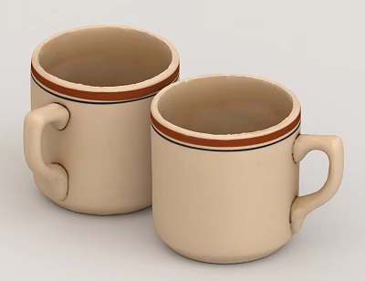 Beige Ceramic Mugs With Brown And Black Ring Decorations And Handles For Daily Use 3d model