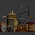 Vintage Kitchen Utensils Collection Featuring Copper Kettle Manual Grinder Metal Containers And Red Fruits In Wicker Basket
