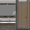 Modern Public Restroom Interior With Wooden Doors Marble Countertops And Sinks In Open Washbasin Area