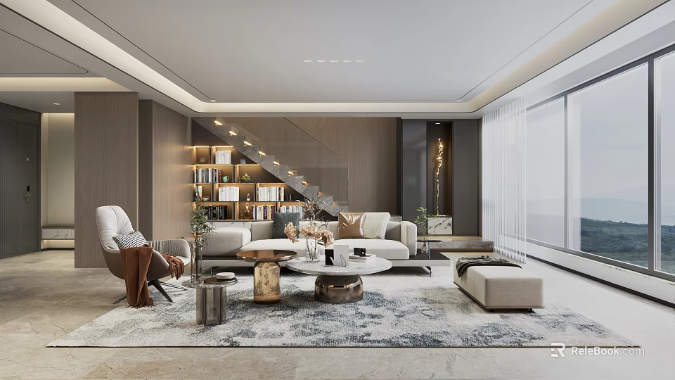 Modern Open Concept Dining and Living Room Interior With Sofa Coffee Table and Floor-to-Ceiling Windows 3d model 
