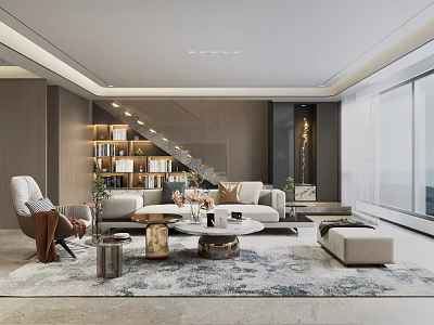 Modern Open Concept Dining and Living Room Interior With Sofa Coffee Table and Floor-to-Ceiling Windows 3d model