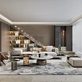Modern Open Concept Dining and Living Room Interior With Sofa Coffee Table and Floor-to-Ceiling Windows