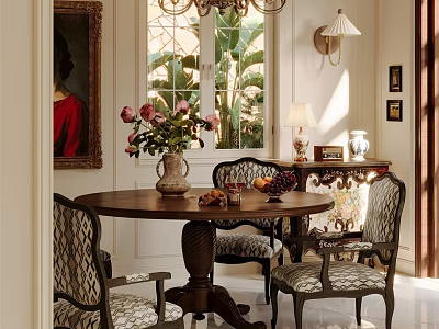 Classic Restaurant Dining Space With Round Wooden Table Patterned Chairs Vase Flower Bouquet And Framed Painting 3d model