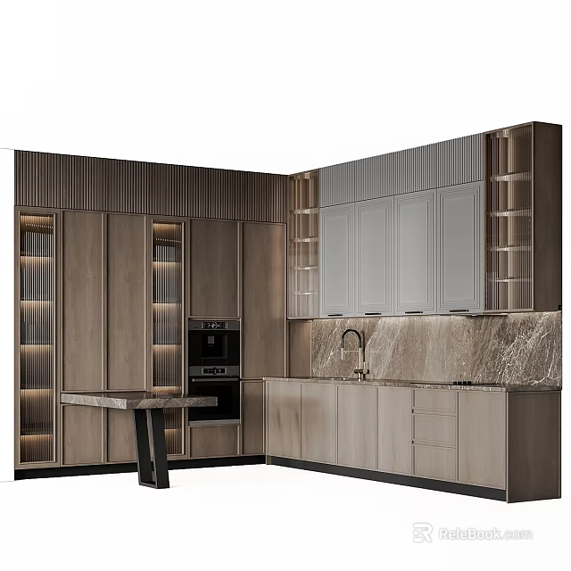 Elegant Modern Kitchen Interior Featuring Wooden Cabinets Marble Countertop And Ambient Lighting 3d model 