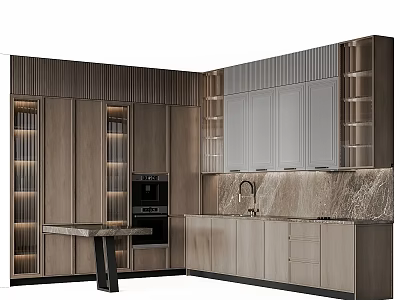 Elegant Modern Kitchen Interior Featuring Wooden Cabinets Marble Countertop And Ambient Lighting 3d model