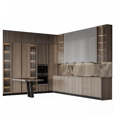 Elegant Modern Kitchen Interior Featuring Wooden Cabinets Marble Countertop And Ambient Lighting 3d model