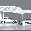 White Cars On Modern Display Platform With Circular Canopies White Pillars And Green Plants