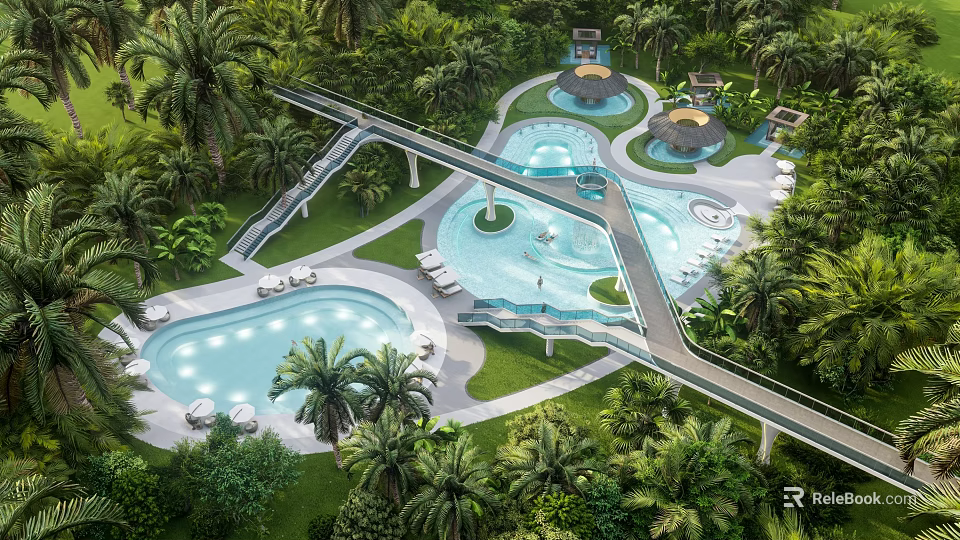 Tropical Garden Landscape With Lush Greenery Multiple Pools Bridge And Palm Trees 3d model 