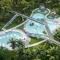 Tropical Garden Landscape With Lush Greenery Multiple Pools Bridge And Palm Trees