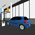Modern Car Showroom Interior With White And Blue Cars Information Kiosk And City View