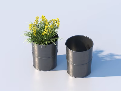 Bonsai Potted Plant With Yellow Small Flowers And Green Grass In Black Barrel Shaped Pot 3d model