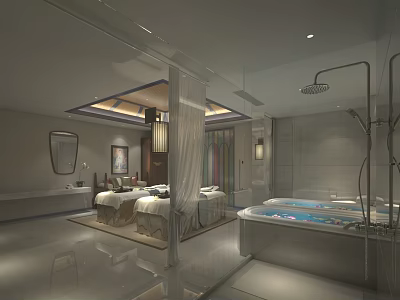 Elegant Modern SPA Sauna Interior Design With Massage Beds Bathtub And Glass Partitions 3d model
