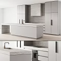 Modern Kitchen Interior With White Cabinets Marble Island And Textured Wall
