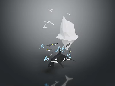 Killer Whale Swimming Near Origami Iceberg With Seabirds And Small Fish 3d model