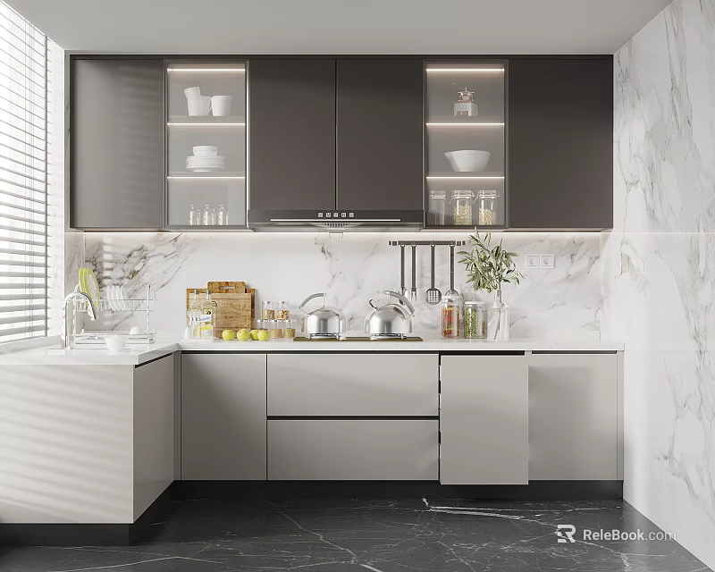 Modern Kitchen Interior Design With Gray Cabinets Marble Backsplash And Open Shelves 3d model