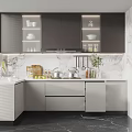 Modern Kitchen Interior Design With Gray Cabinets Marble Backsplash And Open Shelves 3d model