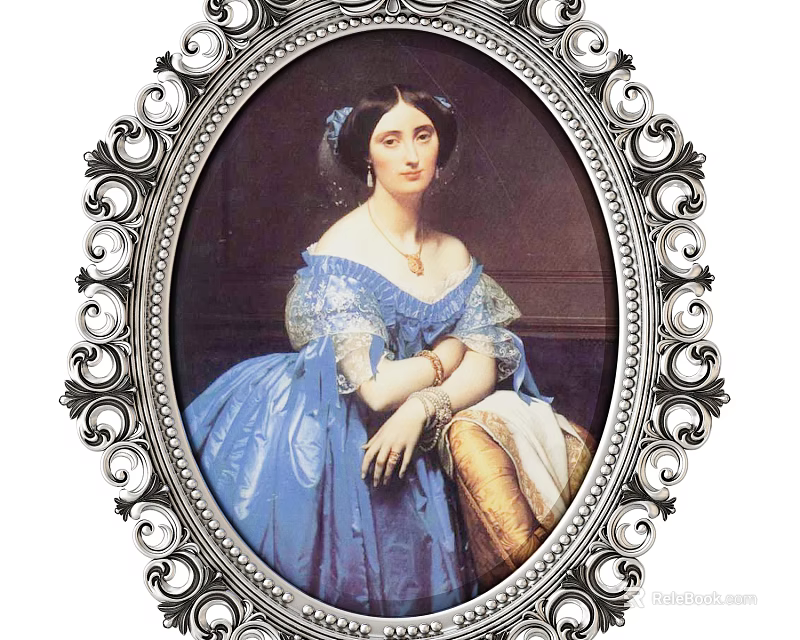 Classical Portrait Of Elegant Lady In Blue Dress With Ornate Frame And Jewelry 3d model 