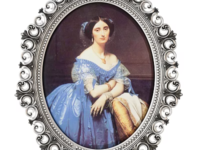 Classical Portrait Of Elegant Lady In Blue Dress With Ornate Frame And Jewelry 3d model
