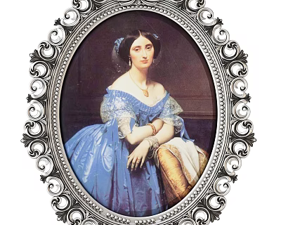 Classical Portrait Of Elegant Lady In Blue Dress With Ornate Frame And Jewelry 3d model